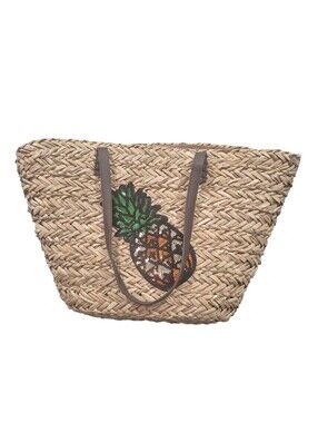 Natural Straw Tote with Sequin Pineapple Accent - Brown Straps